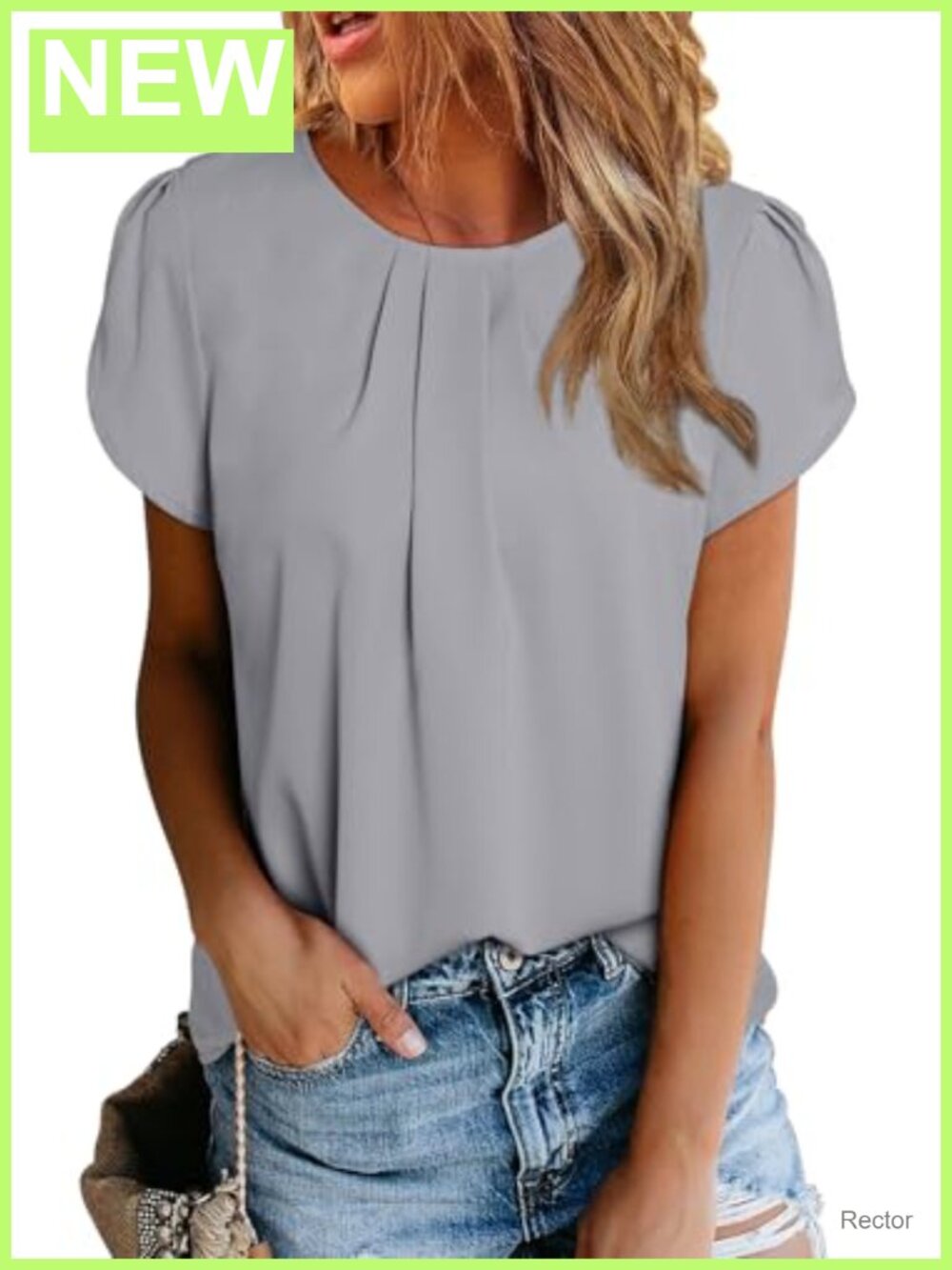 Womens Pleated Tunic Blouse Round Neck Short Sleeve Work Top